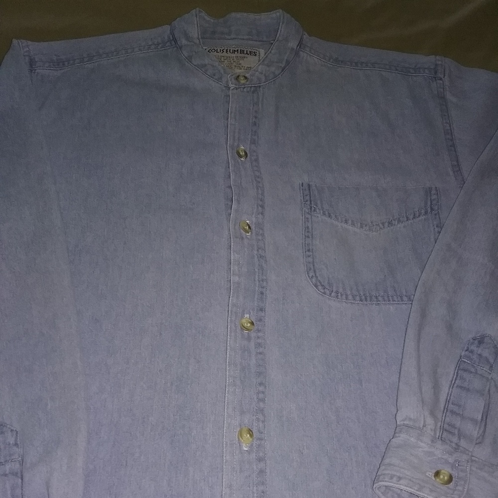 Shirt, denim, button front, mandarin collar